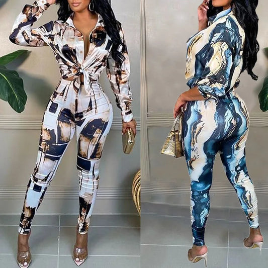 Satin Tie-Dye Print Turn Down Collar Long Sleeve Blouse + Pencil Pants 2-Piece Set