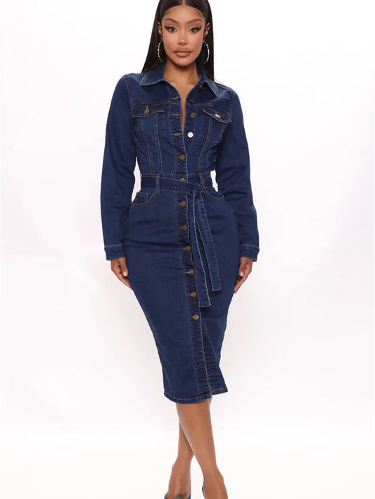 Vintage Denim Long Sleeve Button Up Bodycon Midi Jean Dress