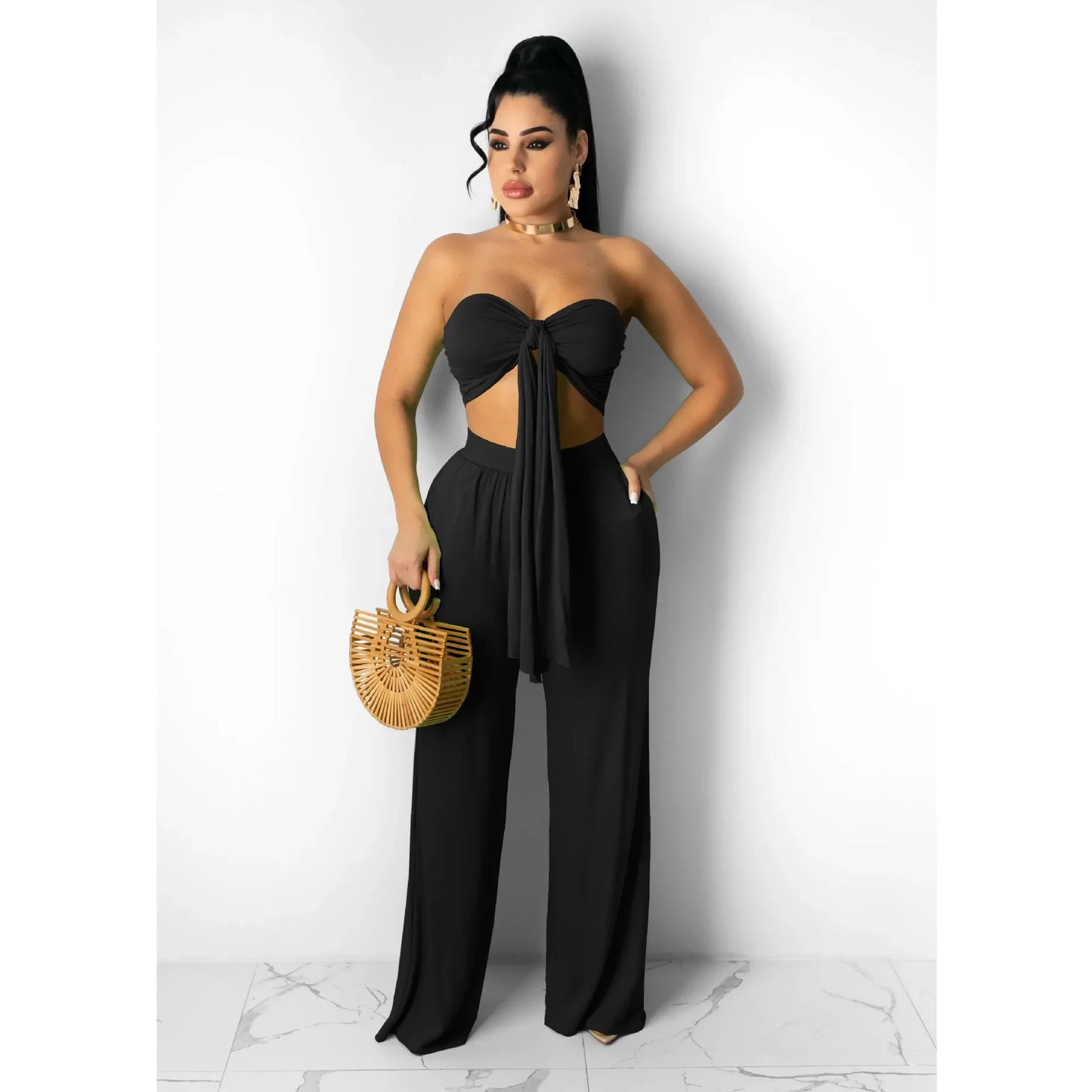 Strapless Hollow-Out  Hatler Neck Crop Top + Leggings Bodycon Solid Color Women's 2-Piece Set