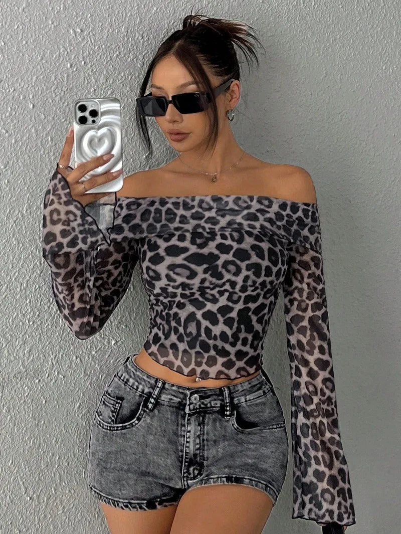 Leopard Print Off-the-Shoulder Streetwear Long Sleeve O-Neck Women's Shirt