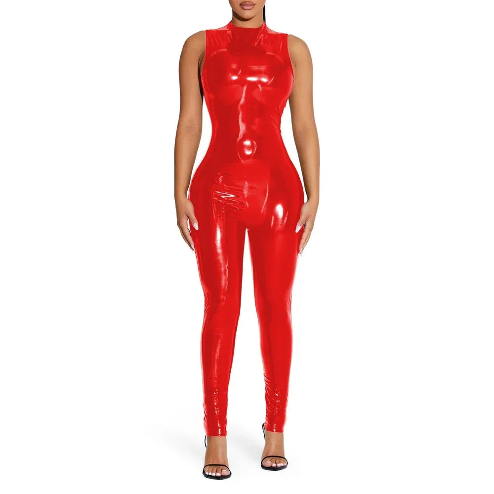 Shiny Solid Color Sleeveless PVC PU Leather Women's Pants Jumpsuit