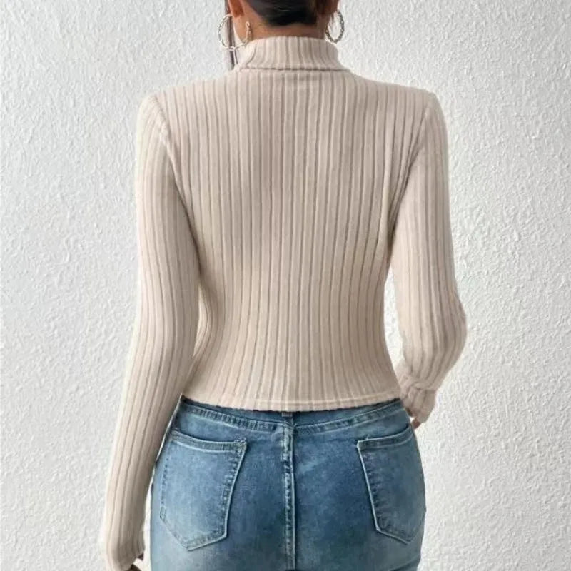 Hollow-Out Turtleneck Women's Long Sleeve Ribbed Knitted Sweater