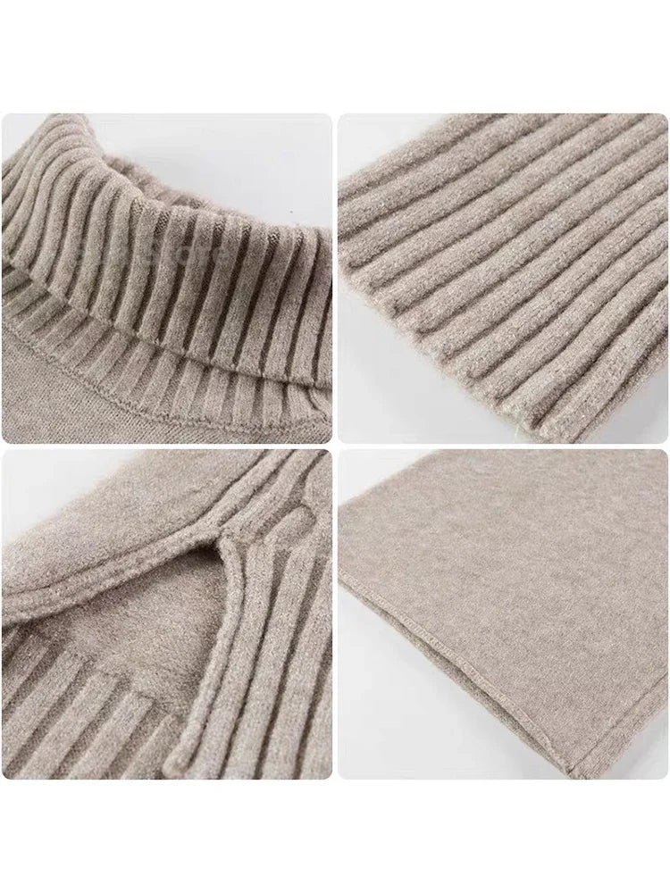 Women's Winter Knitted Solid Turtleneck Sweater + Matching Loose Trouser Knitted Pants 2-Piece Set