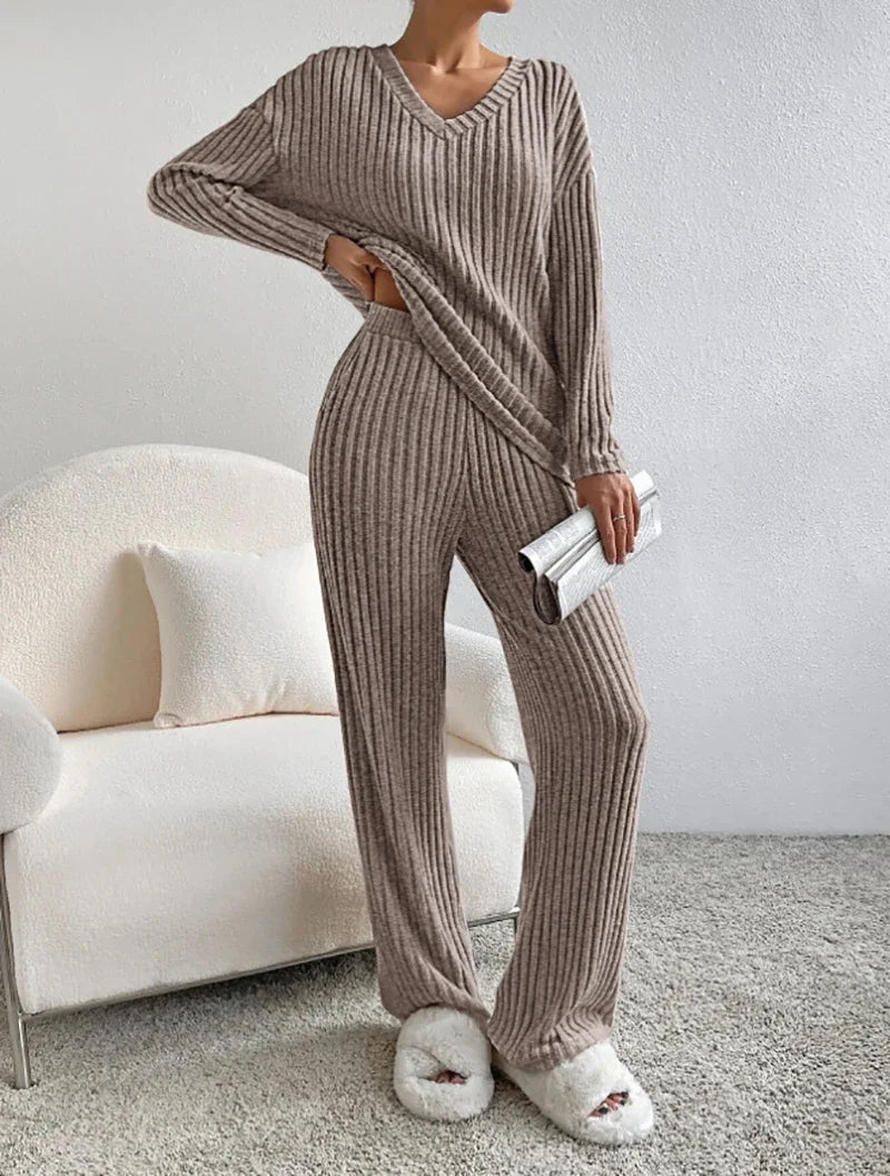 Solid Knitted Ribbed Long Sleeve V-Neck Ladies Top + Matching Leggings 2-Piece Loungewear Set