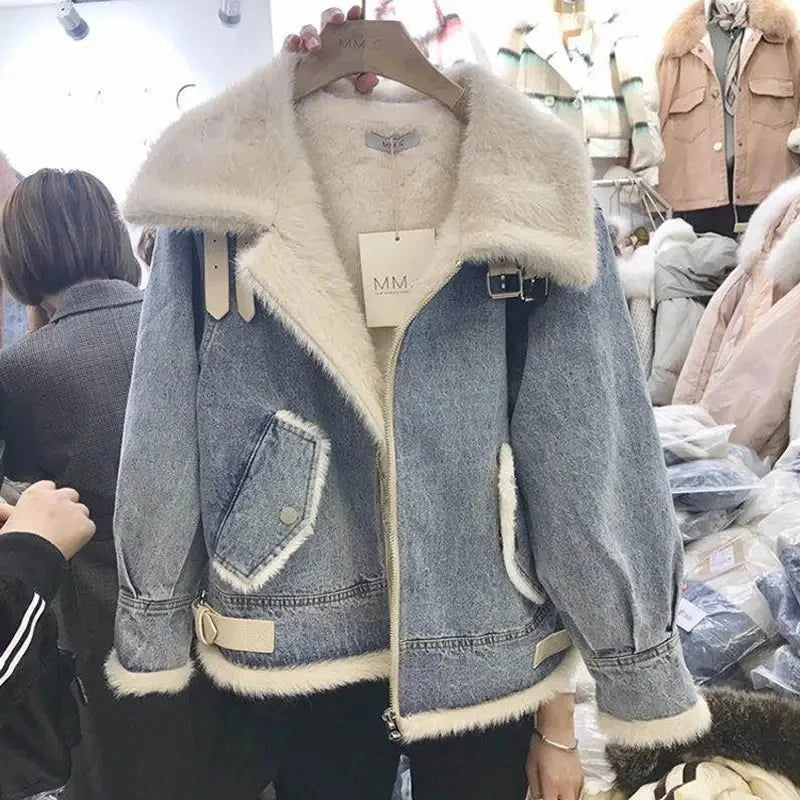 Denim Buckle Strap Detail Turn-Down Collar Wool Lined Pocketed Ladies Bomber Jean Jacket