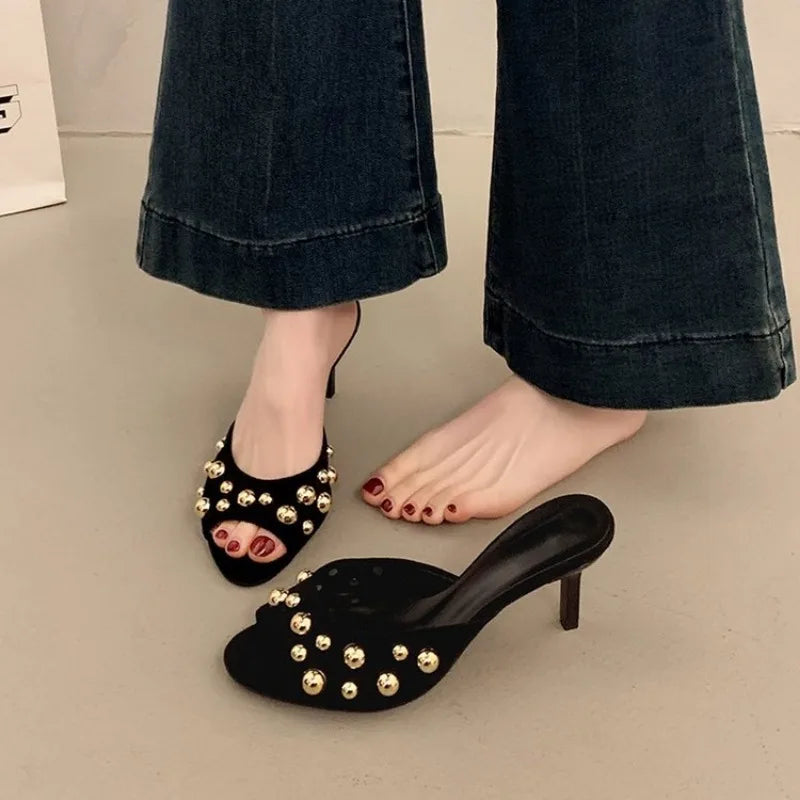 Gold Bead Design Peep Toe Shallow Women's Slip-On Mules