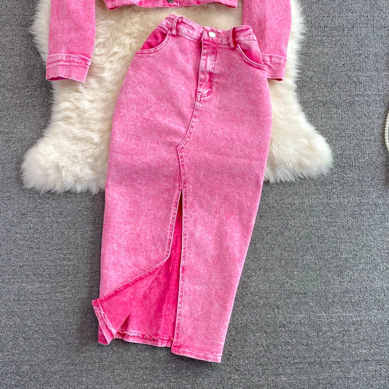 Pink Denim Single Breasted  Washed Jean Jacket + High Back.Slit Maxi Jean Skirt 2-Piece Set