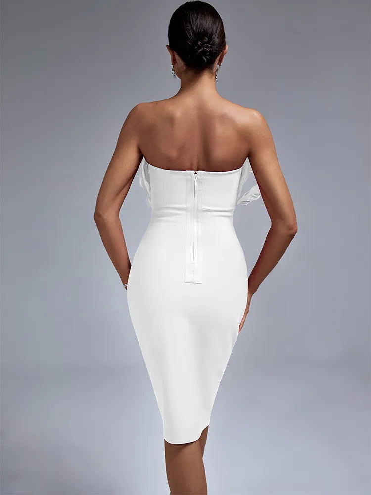 Feather Bandage Bodycon Midi Strapless Evening Dress