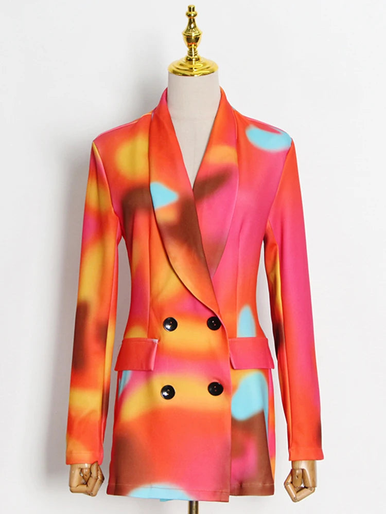 Tie-Dye Notched Collar Double Breasted Long Sleeve Blazer + Harem Pants Women's Suit