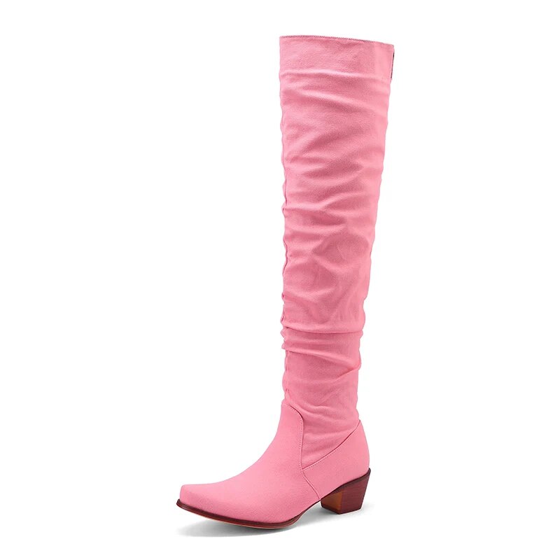 Zipper Block Heel Folded Over-The- Knee Boots