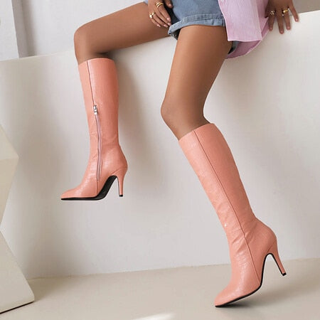 Knee High PU Leather Size Zipper Ladies Boots