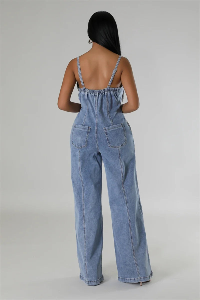 Denim Blue Washed Deep V-Neck Streetwear Strapless Wide Leg Sleeveless Jean Jumpsuit
