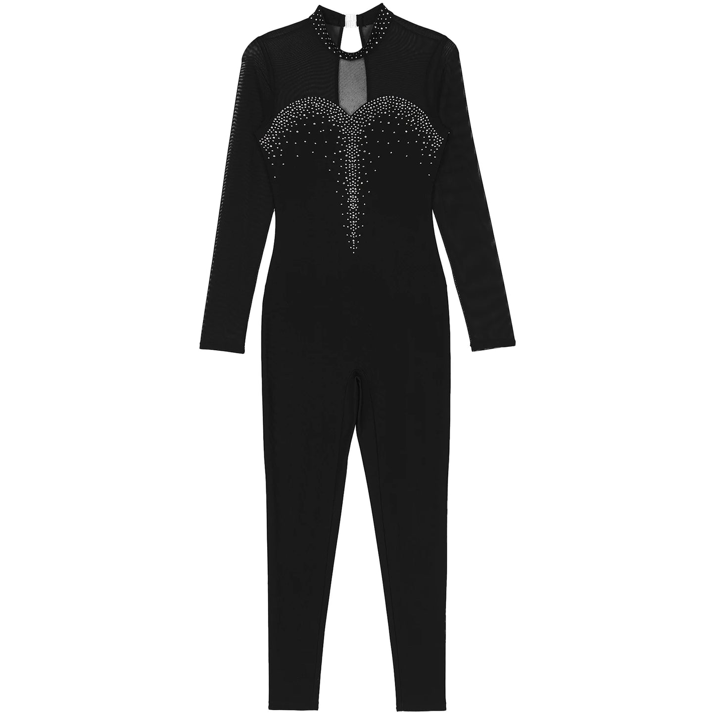 Rhinestone Women's Long Sleeve Gymnastics Leotard Performance Jumpsuit