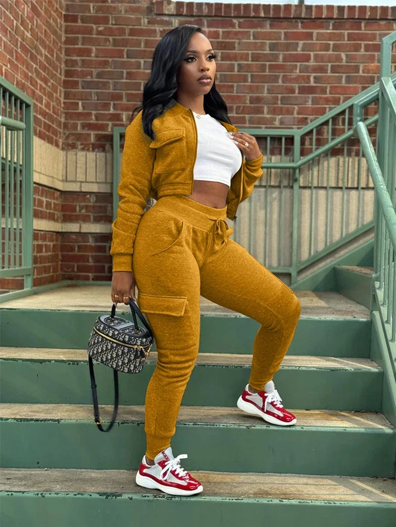 Streetwear Women's Solid Cropped Zipper Jacket + Drawstring Cargo Sweatpants Tracksuit