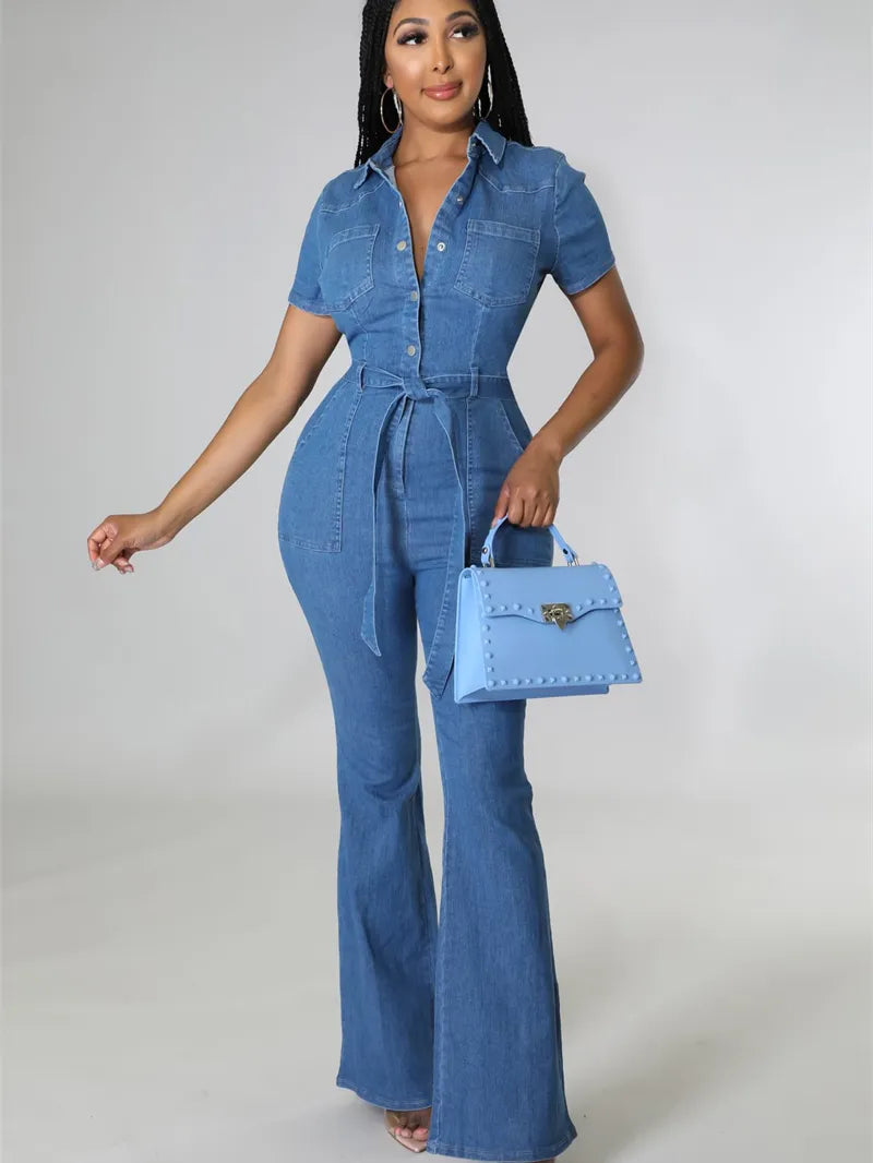 Vintage Denim Short Sleeve Button Up Boot Cut Flared Pant Overall Jumpsuit