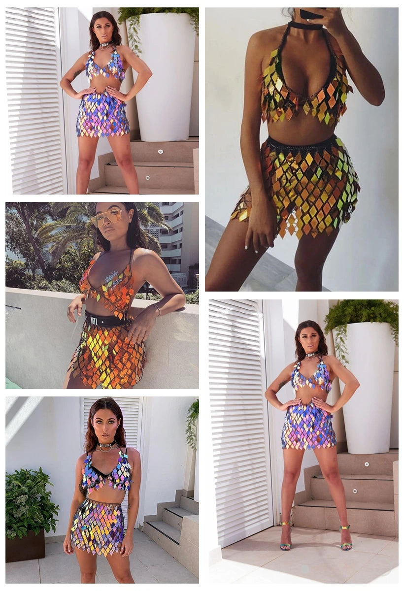 Metallic Sequined Geometric  Bikini Crop Top + Mini Skirt Handcrafted Party Women's 2-Piece Set