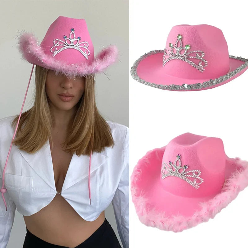 Pink Sequined Rhinestone Crown Pattern Feather Felt Western Cowgirl Hat