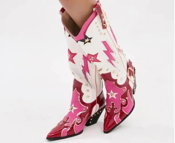 White/Pink/Burgundy Leather Western Women's Pointed Toe Metallic Star Lightning Bolt Stud Design Block Heel Knee High Cowgirl Rodeo Boots
