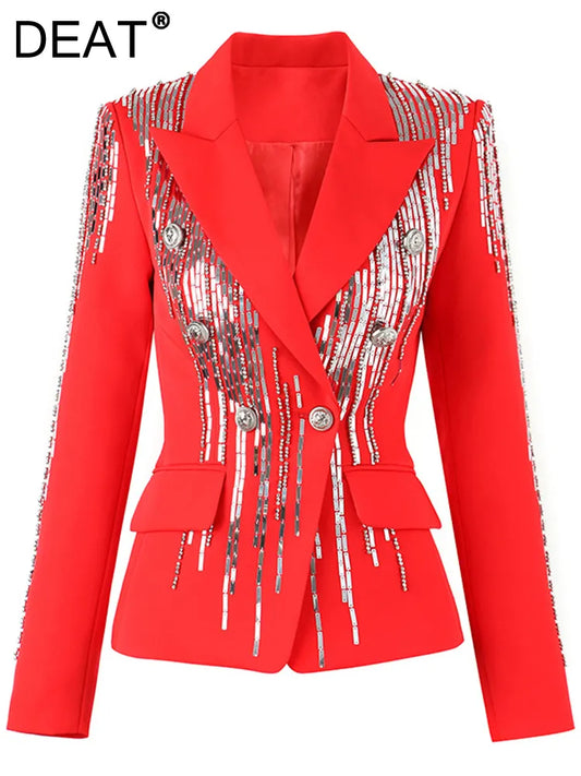 Women's Notched Sequined Riveted Double Breasted Long Sleeve Blazer