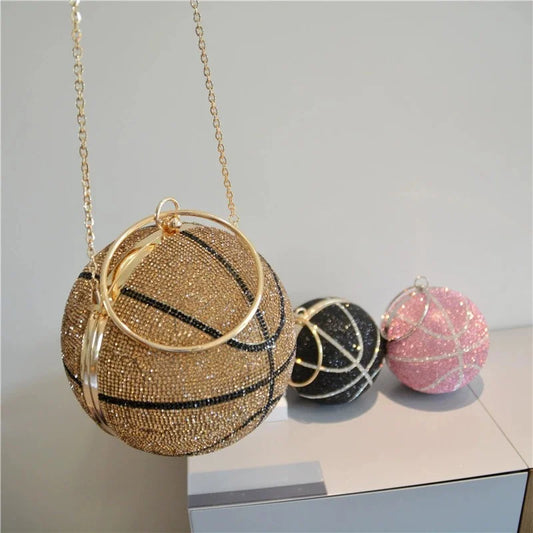 Glitter Crystal Rhinestone Bling Basketball Evening Chain Strap Clutch Purse