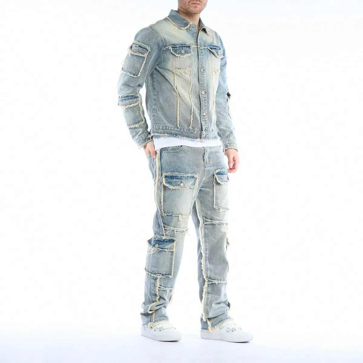 Men's Washed Denim Ripped Faded Light Blue Fringe Hem Multi-Pocketed Hip-Hop Cargo Jeans 2-Piece Set (Jean Jacket + Stacked Jeans)