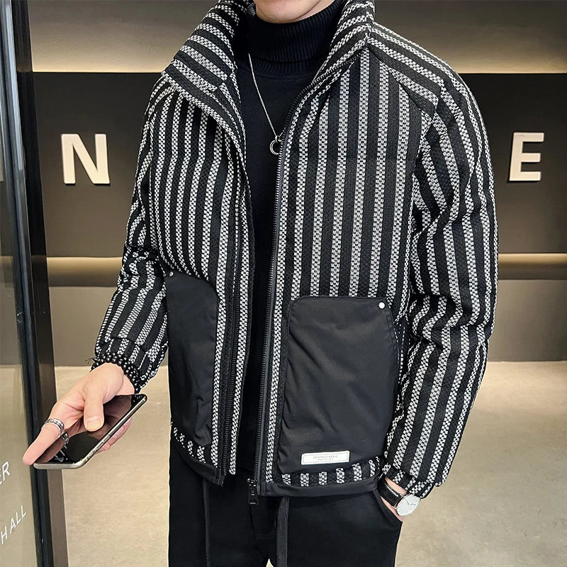 Men's Striped Colorblock Pocket Zipper Down Feather Jacket