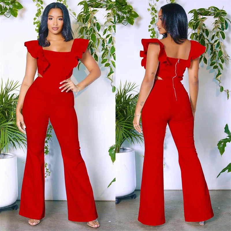 Ruffled Cut-Out Square Neck Skinny Backless Flare Pant Jumpsuit