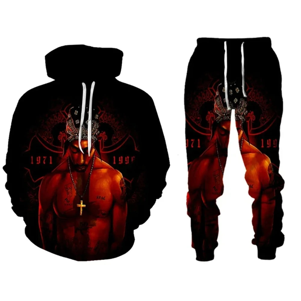 Drawstring Men's Unisex Tupac 3D Graphic Print Hoodie Sweatshirt + Jogger Sweatpants Tracksuit