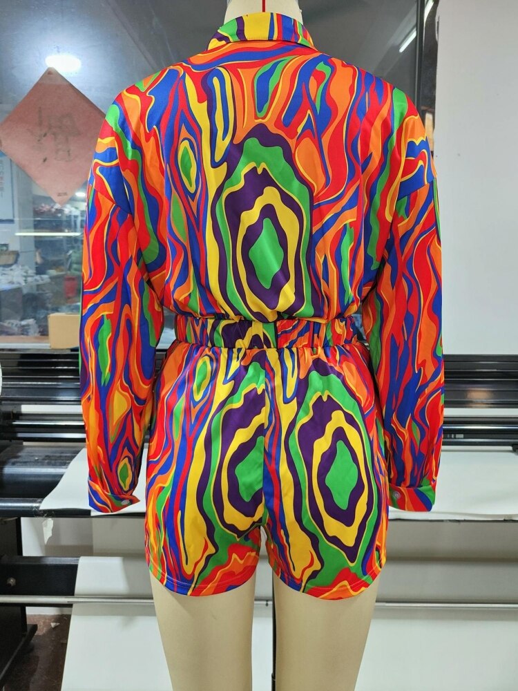 Rainbow Multicolored Long Sleeve Shorts Romper