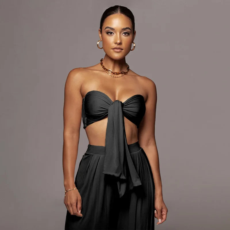 Sleeveless Bowknot Design Tube Top+ Wide Leg Pants Women's Solid Color 2-Piece Set