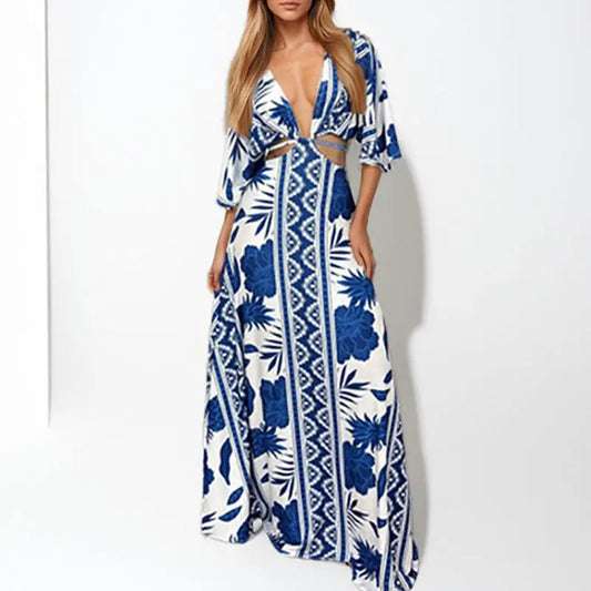 Deep V-Neck Geometric/Striped/Floral Hollow-Out Print Loose Beach Vintage Short Sleeve Maxi Dress to 3X Plus Size