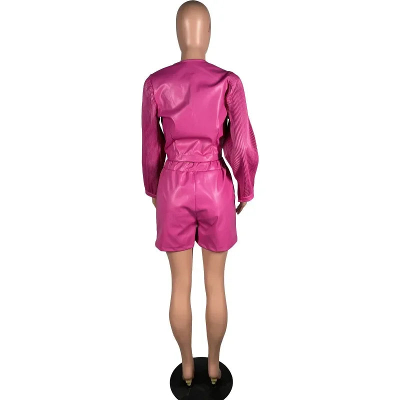 Fuschia PU Leather O-Neck Pleated Long Lantern Sleeve Zipper Jacket + Matching Shorts Women's 2-Piece Set