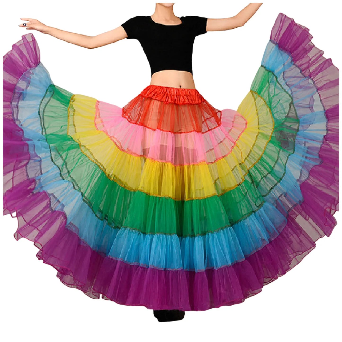 Rainbow Striped Print Oversized Multi-Layer Tulle Flared Big Swing Tutu Maxi Skirt