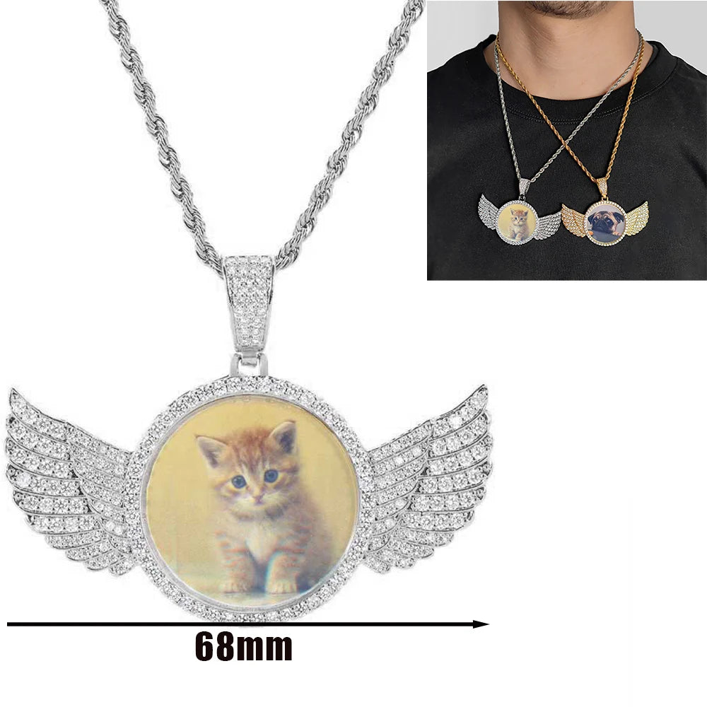 Customized Angel Wing Round Memory  Personalized Picture Pendant Tennis Chain Necklace