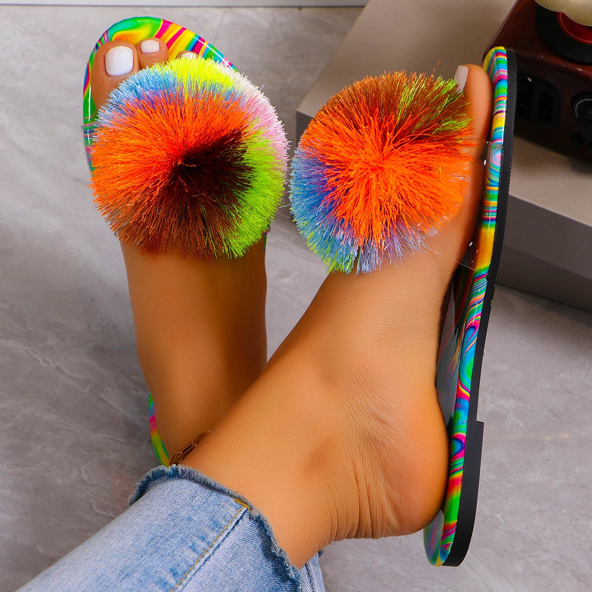 Rainbow Tie-Dye PomPom/Cross Strap Open Toe Flat Ladies Sandals