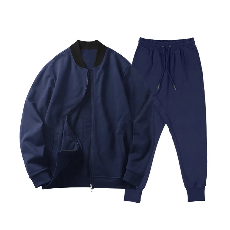 Men's O-Neck Colorblock Bomber Sweat Jacket + Drawstring Jogger Sweatpants Tracksuit