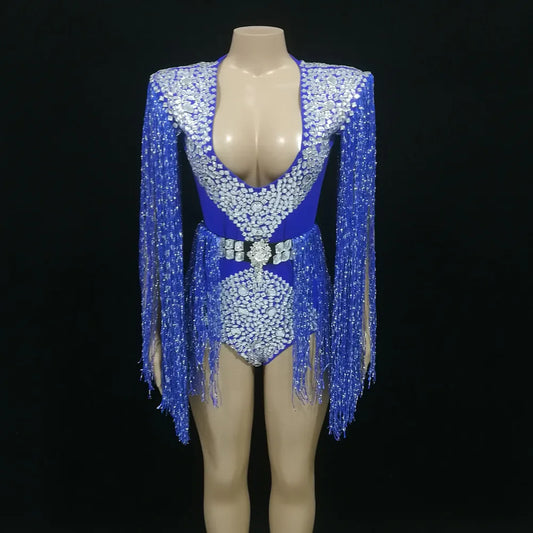 Blue Fringe Tassels Rhinestone Belted Women's Performance Bodysuit Costume