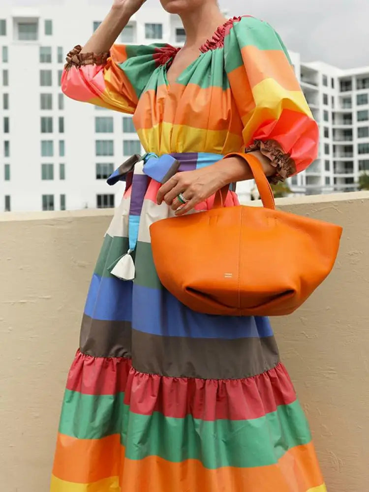 Rainbow Striped Short Puff Sleeve V-Neck Oversized Maxi Dress w/ Belt