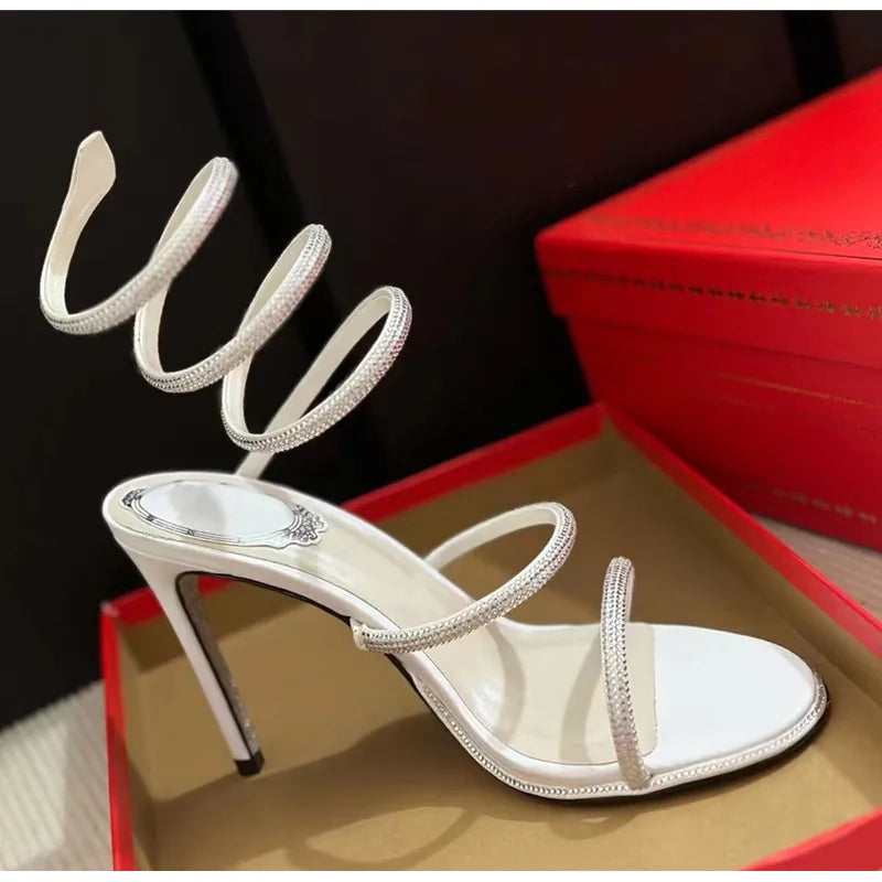 Spiral Snake Twine Band Crystal Rhinestone Thin Stiletto Heel Gladiator Sandal Pumps