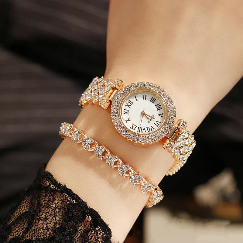 Diamond Steel Band Ladies Watch & Bracelet Set