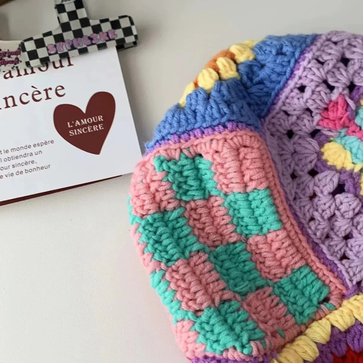 Handmade Knitted Crochet Large Brim Patchwork Flower Design Yarn Hook Needle Fisherman's Bucket Hat