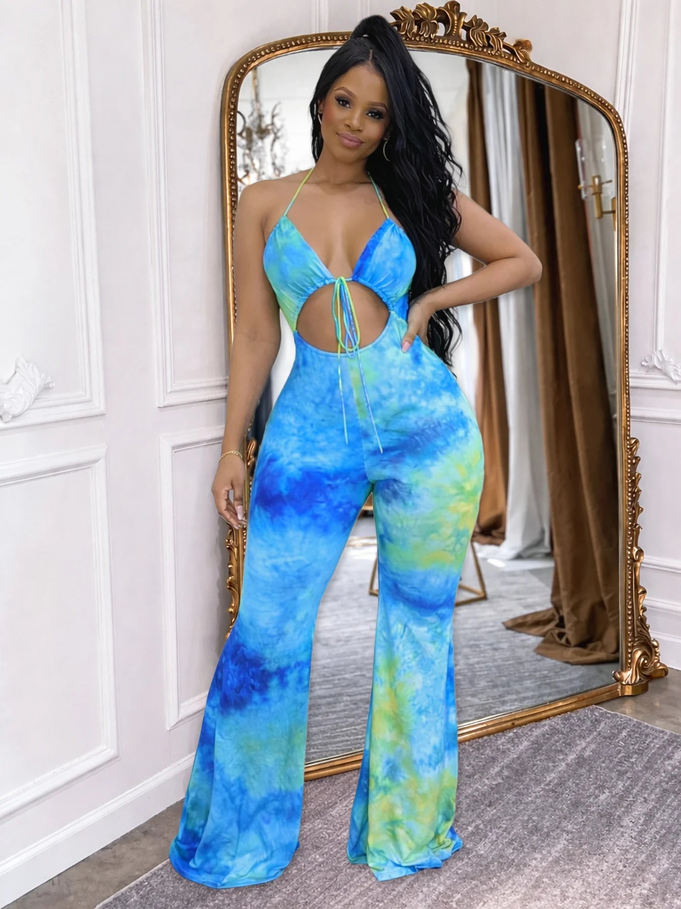 Tie-Dye Colorblock Swirl Pattern Halter Bikini Top Sleeveless Lace-Up Hollow-Out Women's Flared Leg Jumpsuit