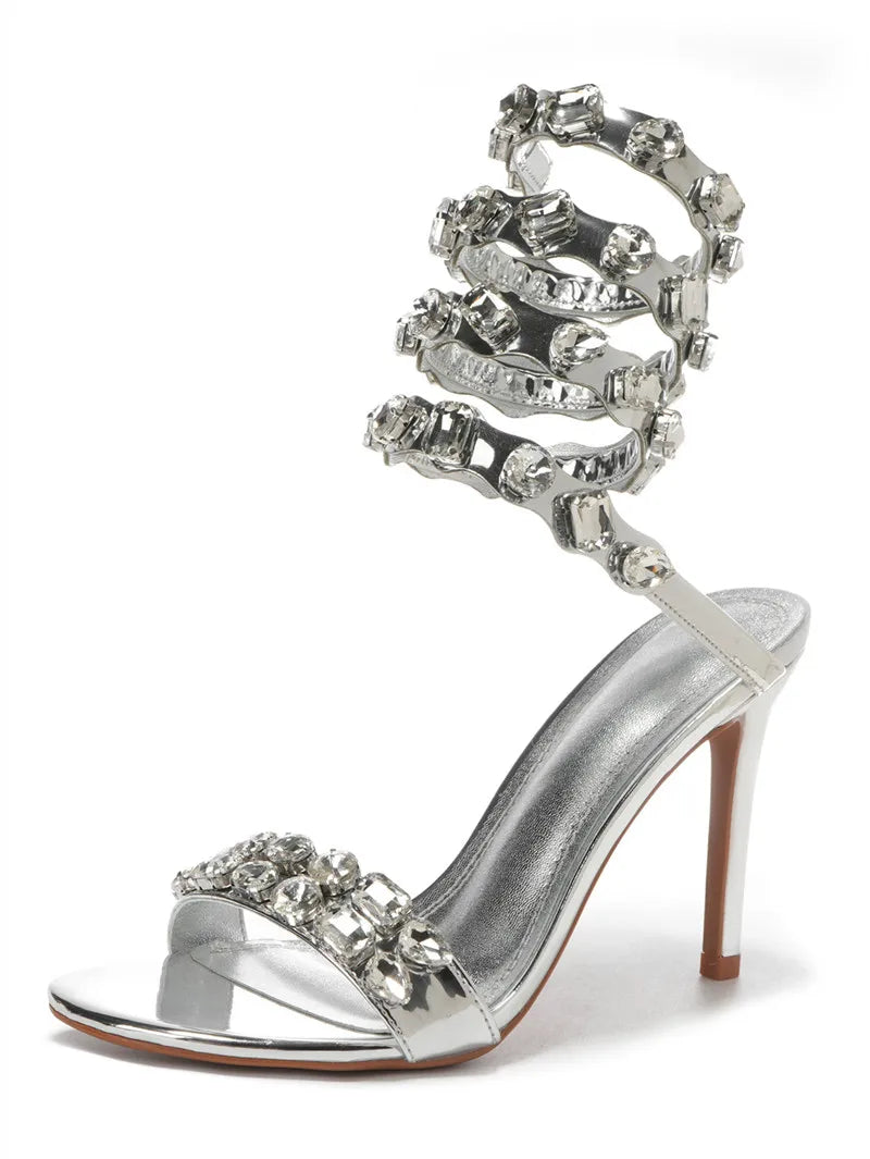Rhinestone Crystal Embellished Spiral Band Stiletto Heel Gladiator Open Toe Sandal Pumps