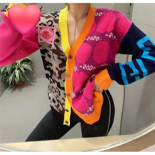 Neon Colorblock Leopard V-Neck Knitted Cardigan Sweater