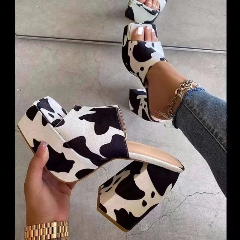 Solid/Cowhide/Zebra Print Women’s Peep Toe Street Square Toe Platform High Heel Sandals