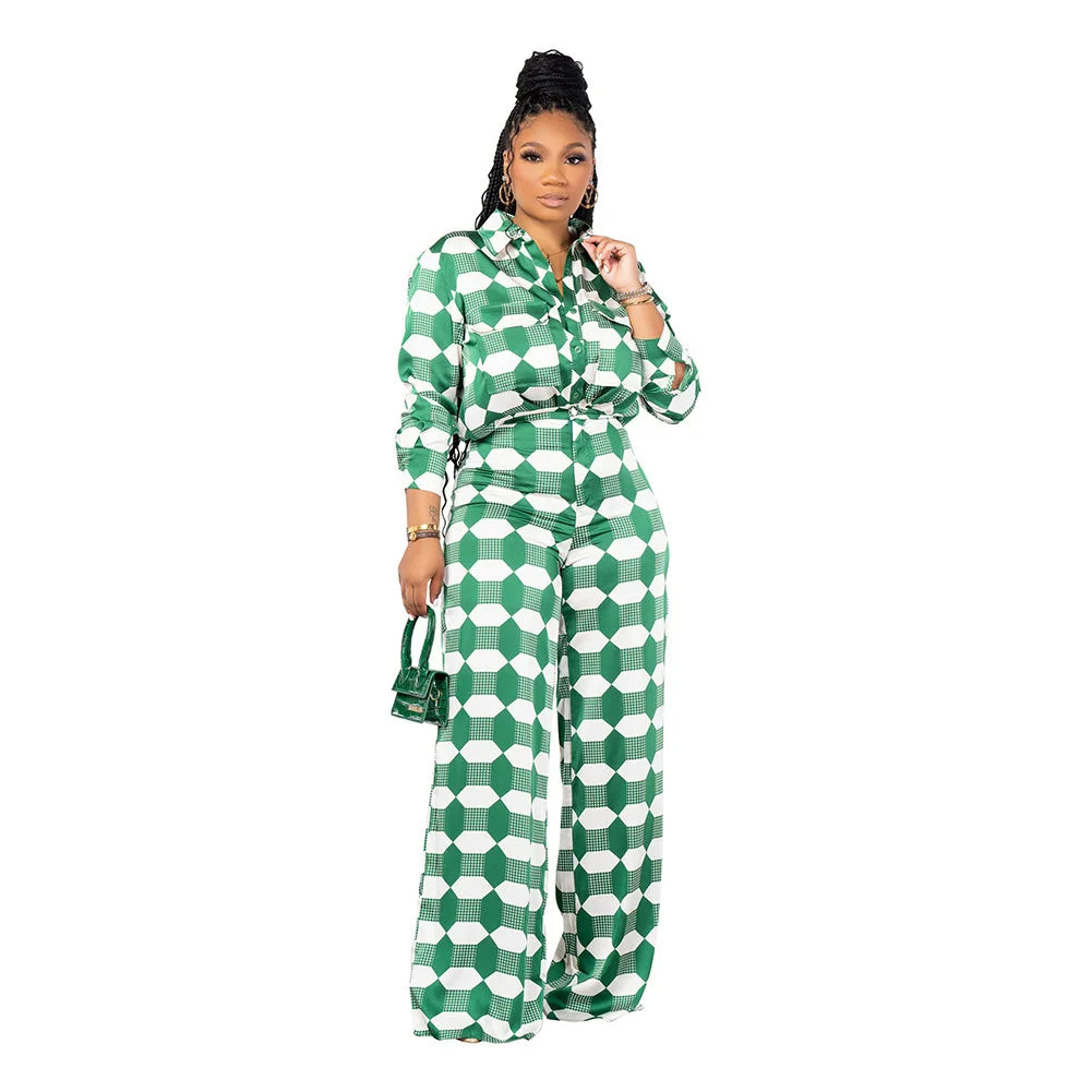 Geometric Checkered Print Women's Long Sleeve Blouse + Pants Set