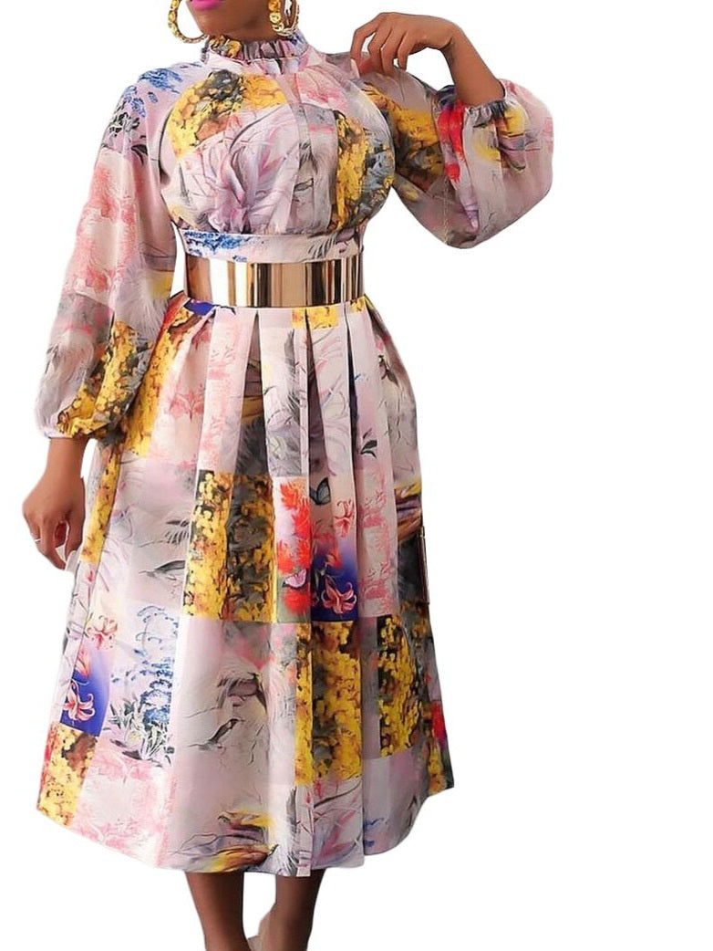 Floral Pleated Long Sleeve Plus Size Dress w/ Metallic Belt to 3X