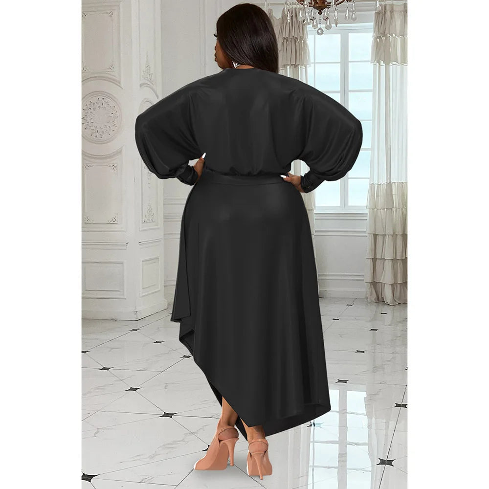 Irregular Satin Ruched Cinched Waist Long Sleeve Solid Color Maxi Dress to 4X Plus Size