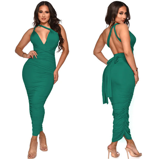 Camisole V-Neck Ruched Bow Strap Backless Design Maxi Dress