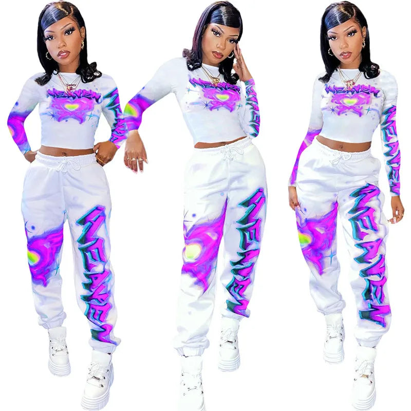 Grafitti Paint Graphic Print Long Sleeve Women's O-Neck Pullover Crop Top + Jogger Sweatpants 2-Piece Set